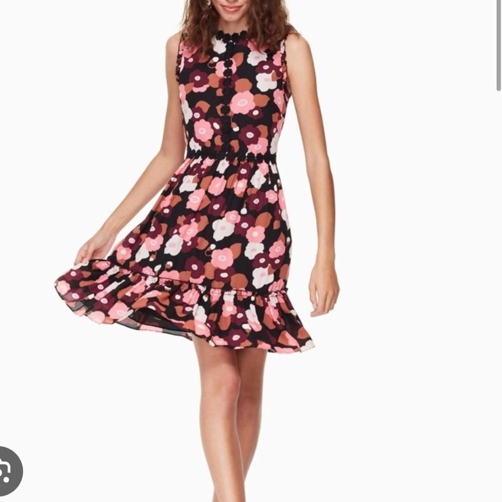 kate spade Black Floral Print Sleeveless Mini Dress with Pink & White Flowers